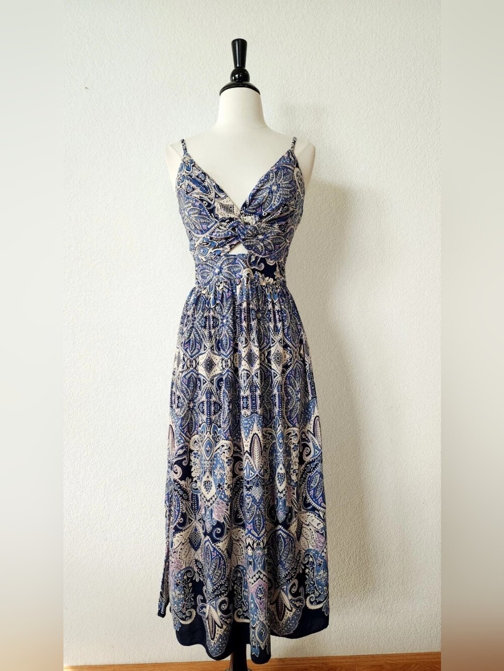 Blue Paisley Twist-Front Maxi Dress